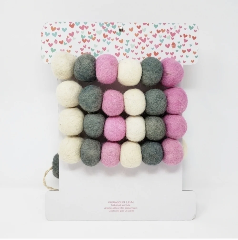 Love & Cupcakes Felted Wool Pom Pom Ball Garland Valentine's Day
